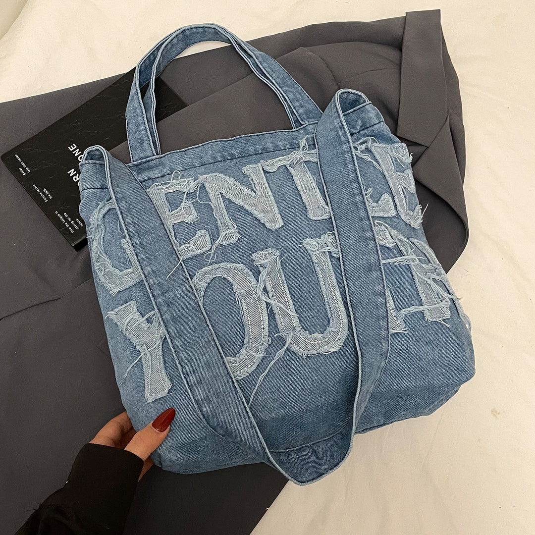 Distressed Denim Graphic Tote Bag