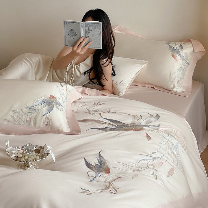 Luxurious embroidered satin bedding set with silky soft finish