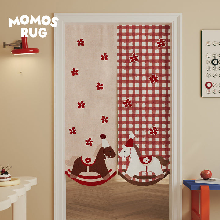Kids' Split-Doorway Fabric Noren Curtain Panel with Playful Rocking Horse Print