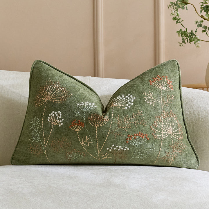 Square Embroidered Botanical Linen-Blend Accent Pillow Cover with Hidden Zipper