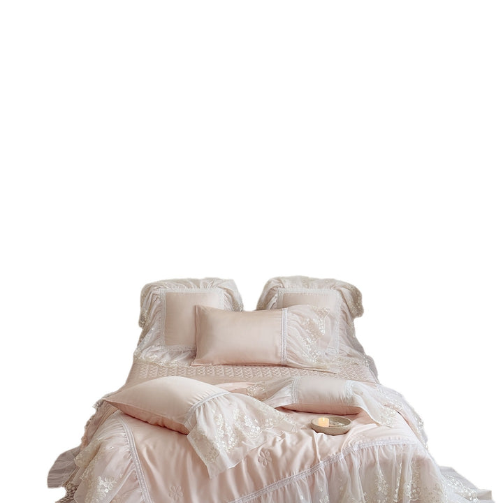Satin bed linen set with embroidered chiffon ruffle and quilted bedspread