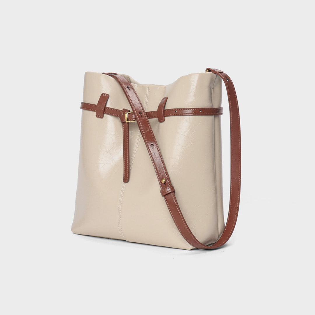 Structured Leather-Look Belted Bucket Tote Shoulder Bag