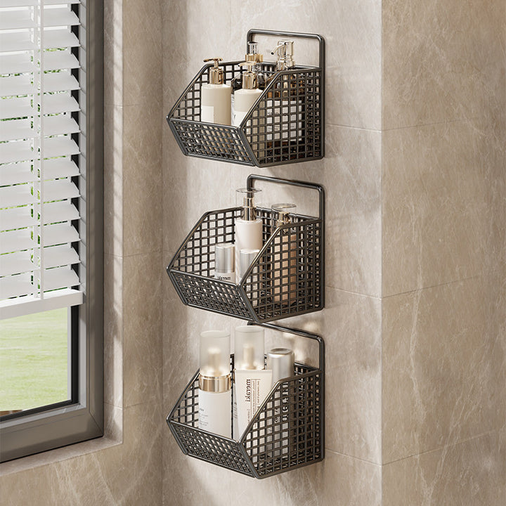 Wall-Mounted Dual-Tier Grid Mesh Bathroom Shower Caddy with Drainable Baskets