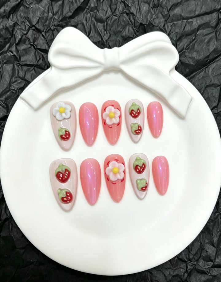 Artistic Strawberry-Themed Press-On Nail Set