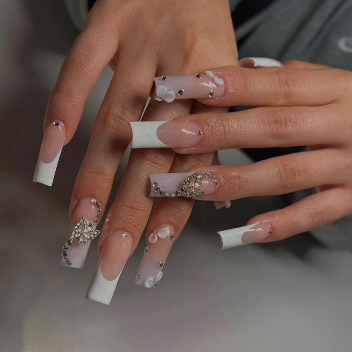 Decorative Long Press-On Nails with Rhinestone and Floral Accents Kalsten