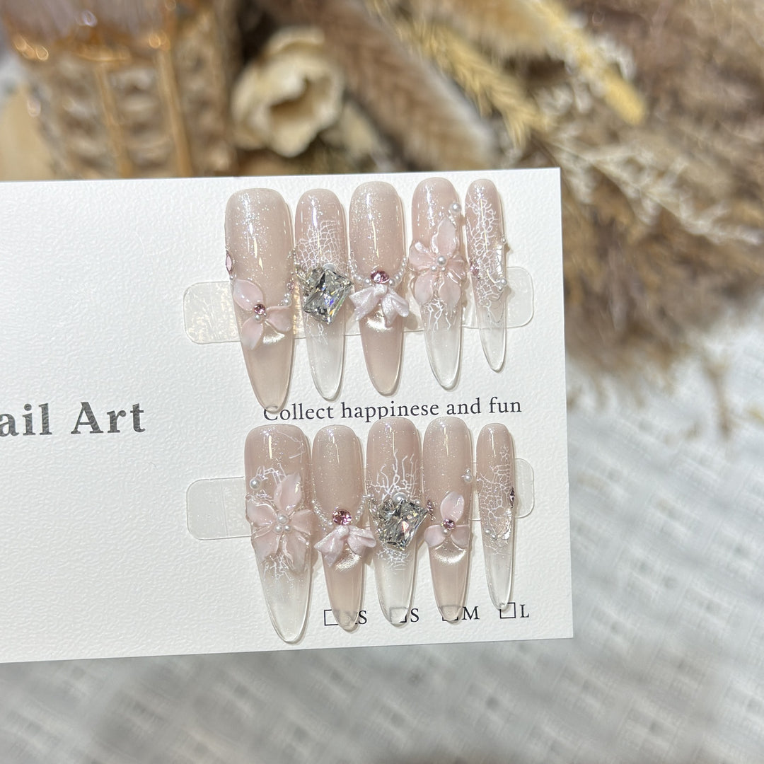 Decorative Press-On Nail Art Set with Floral and Gemstone Accents Kalsten