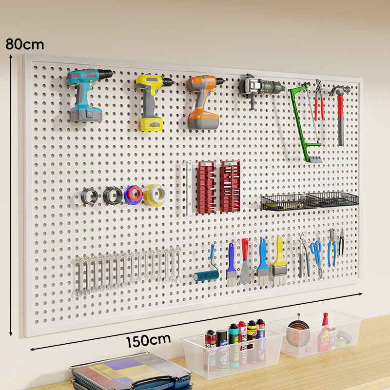 Wall-Mounted Perforated Metal Tool Pegboard Organizer Panel with Modular Hooks and Wire Baskets