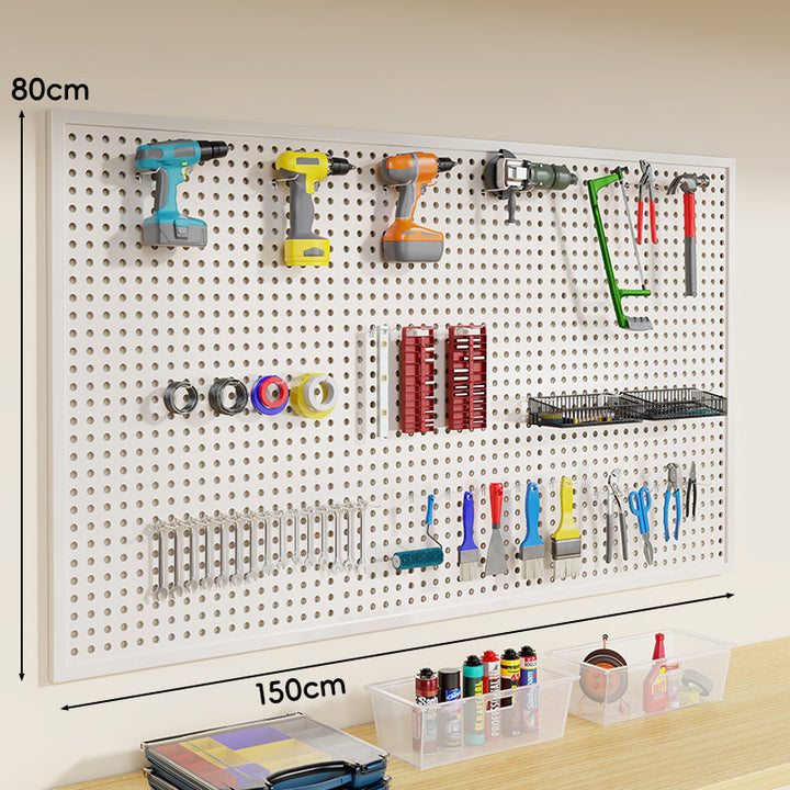 Wall-Mounted Perforated Metal Tool Pegboard Organizer Panel with Modular Hooks and Wire Baskets