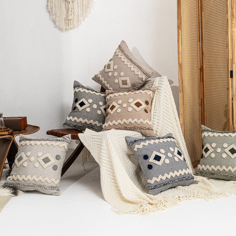 Textured Boho Geometric Tufted Throw Pillow with Braided Edge and Removable Zip Cover