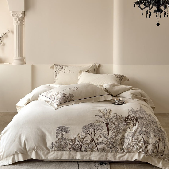 Bedding set with exotic landscape print and cotton-linen blend