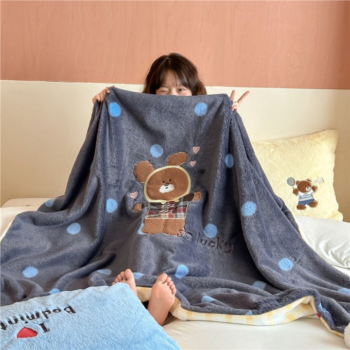 Extra soft microfleece throw blanket with embroidered teddy bear and polka dot design