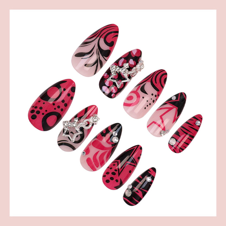 Nail art set with playful patterns and rhinestone embellishments Kalsten