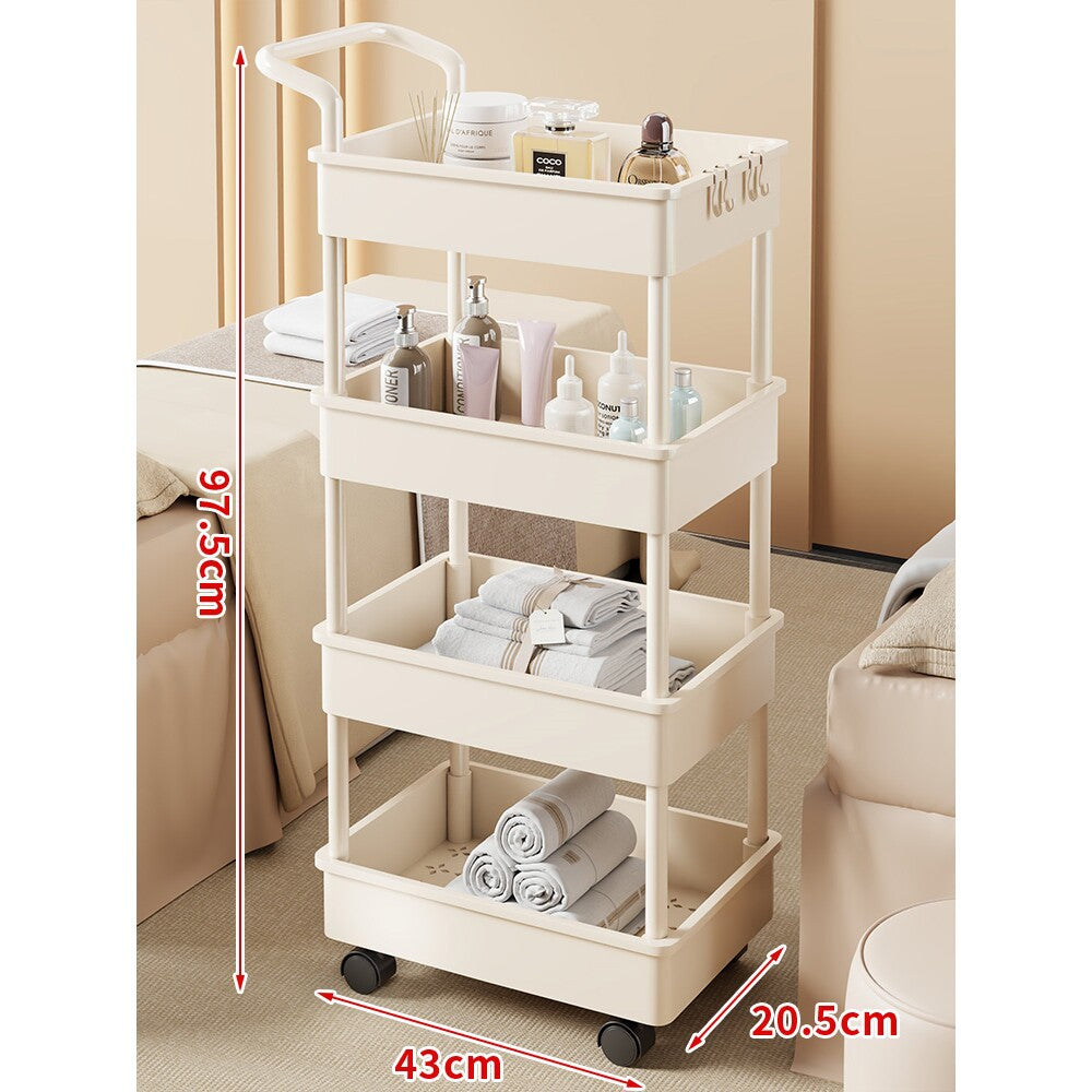 Compact Two-Tier Rolling Storage Cart with Integrated Handle and Accessory Hooks