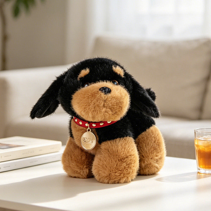 Plush Rottweiler-Style Collectible Puppy with Studded Collar and Gold Medallion Kalsten