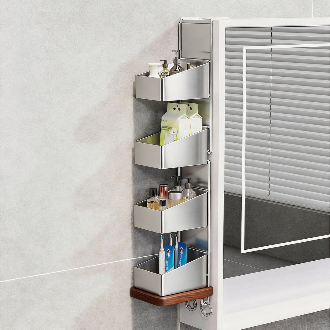 Wall-Mounted Dual-Tier Grid Mesh Bathroom Shower Caddy with Drainable Baskets