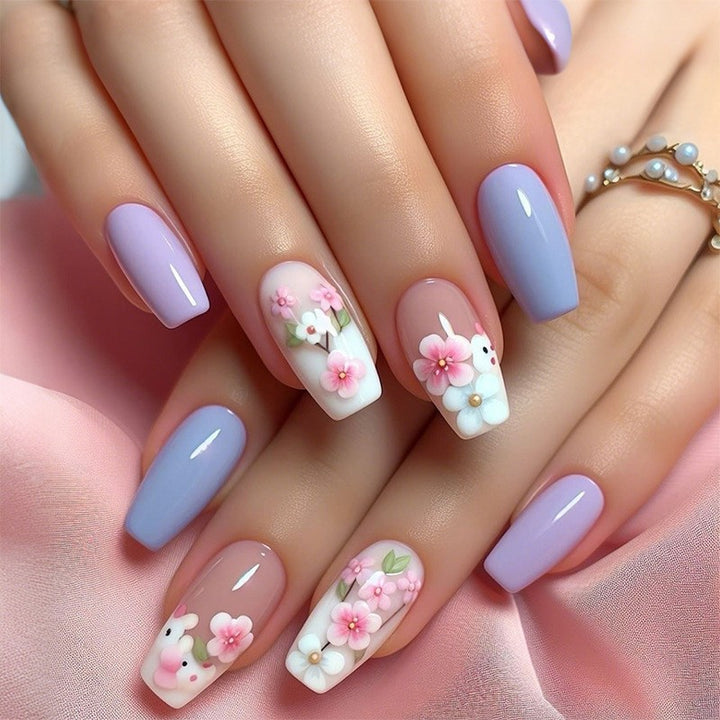 Artificial nail set with colorful flowers and creative French design Kalsten
