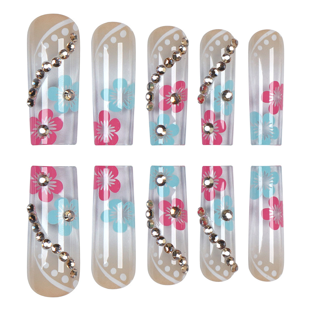Floral Design Press-On Nails with Decorative Gem Accents Kalsten