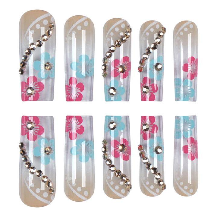 Floral Design Press-On Nails with Decorative Gem Accents Kalsten