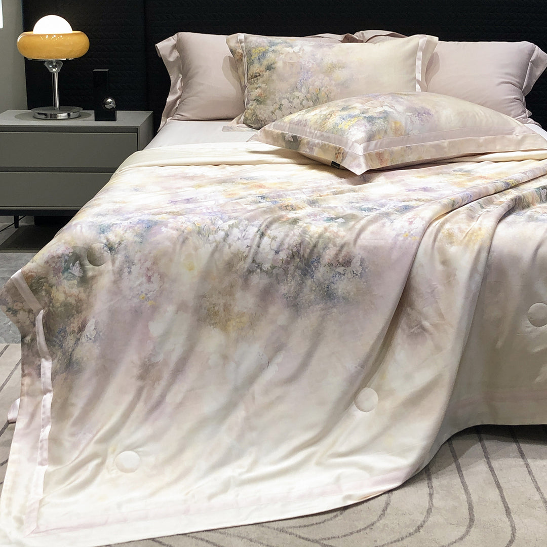 Luxurious satin bedding set with watercolor flower pattern