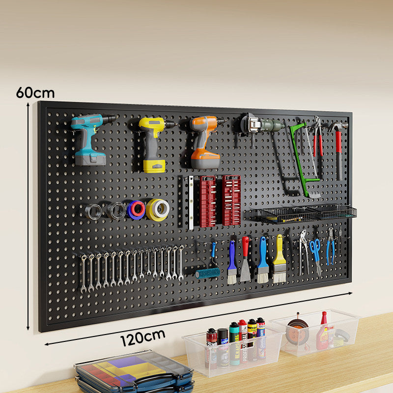 Wall-Mounted Perforated Metal Tool Pegboard Organizer Panel with Modular Hooks and Wire Baskets