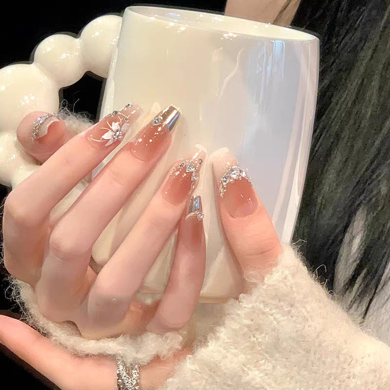 Elegant Press-On Nail Art with Floral and Gemstone Details Kalsten