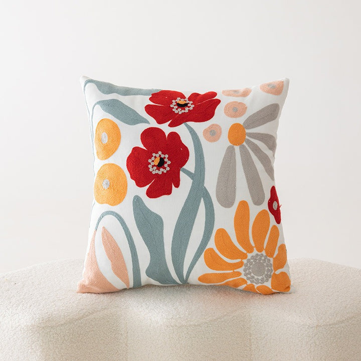 Embroidered Floral Cotton-Linen Square Throw Pillow Cover with Hidden Zipper and Textured Appliqué