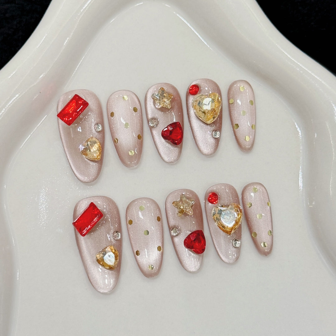 Artistic Press-On Nail Set with Glamorous Gem Accents