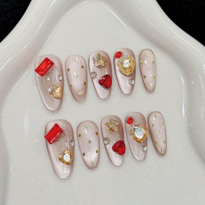 Artistic Press-On Nail Set with Glamorous Gem Accents