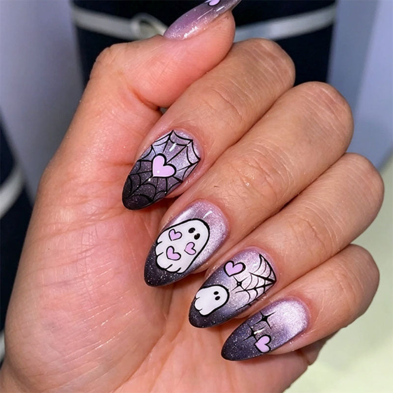 Halloween-Themed Press-On Nail Set with Ghost and Spider Designs