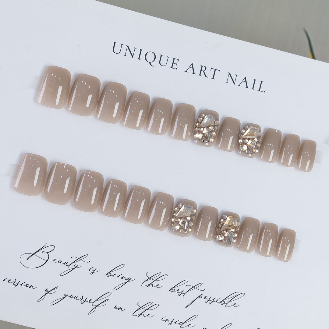 Decorative Press-On Nail Set with Gemstone Accents