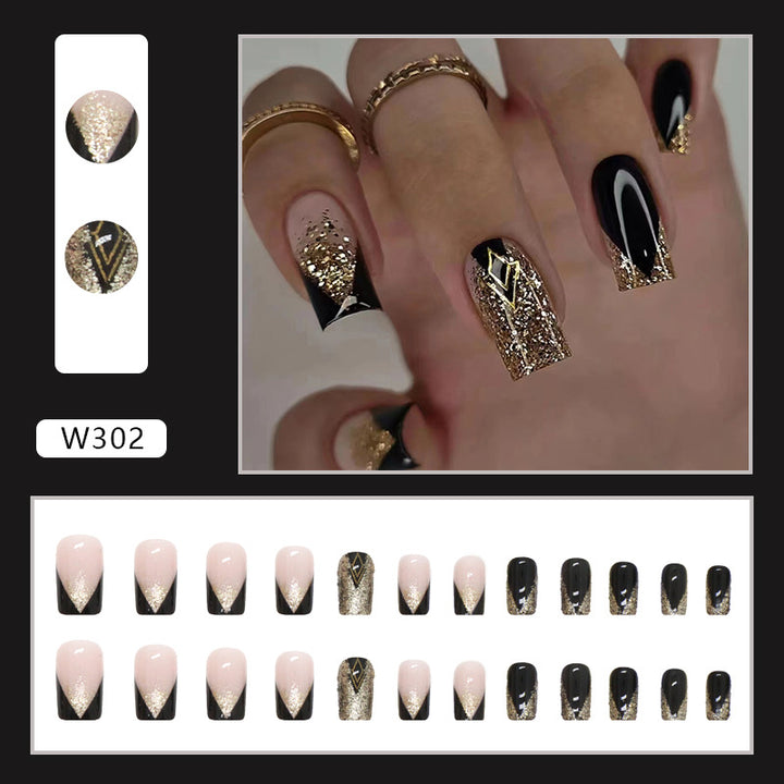Glamorous Press-On Nail Set with Glitter and Artistic Design Kalsten