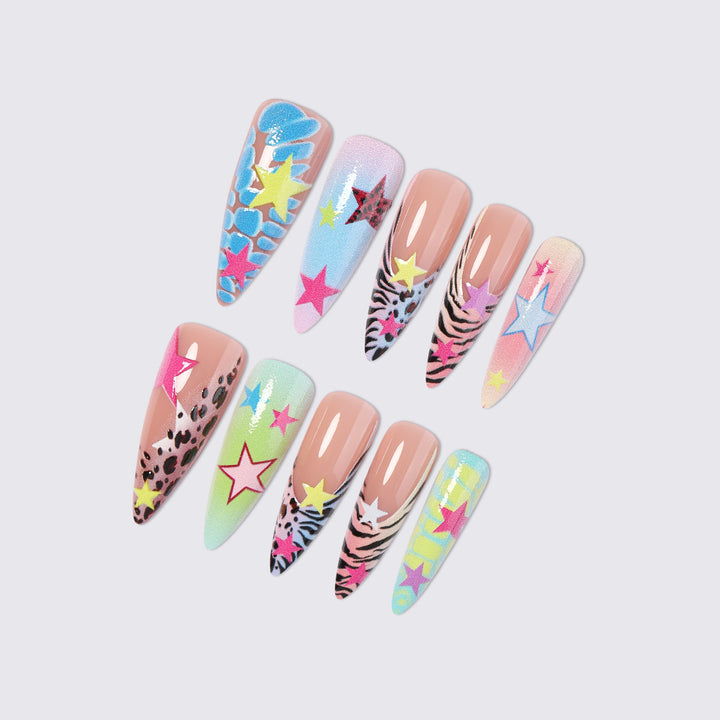 Creative nail set with colorful stars and animal patterns Kalsten