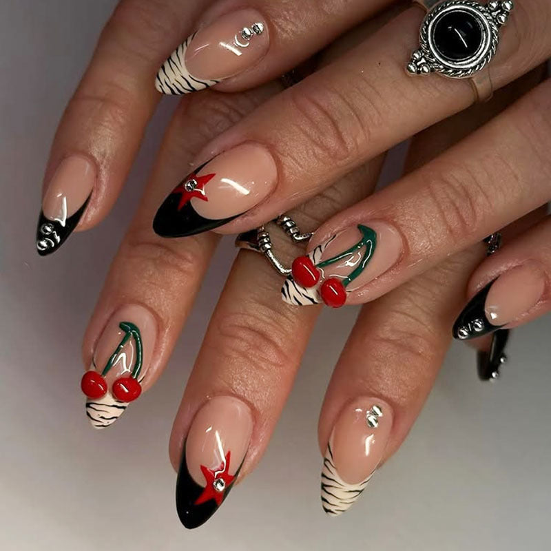 Artistic Press-On Nail Art Set with Cherry Design