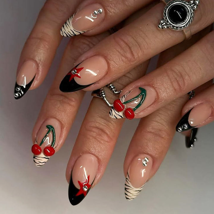 Artistic Press-On Nail Art Set with Cherry Design