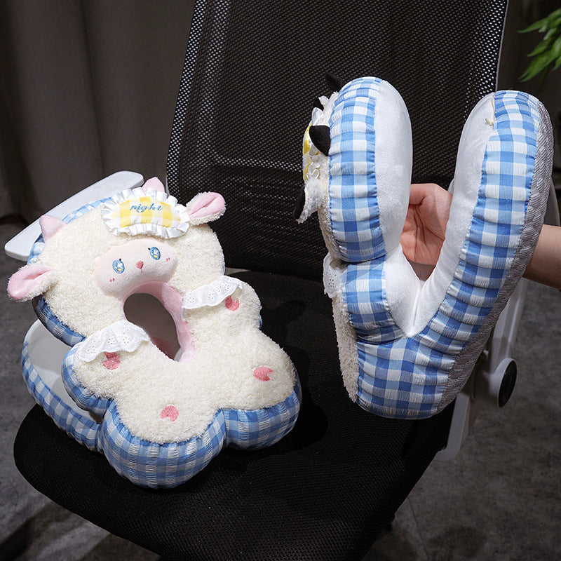 Shaped neck pillow with compact cuddly blanket