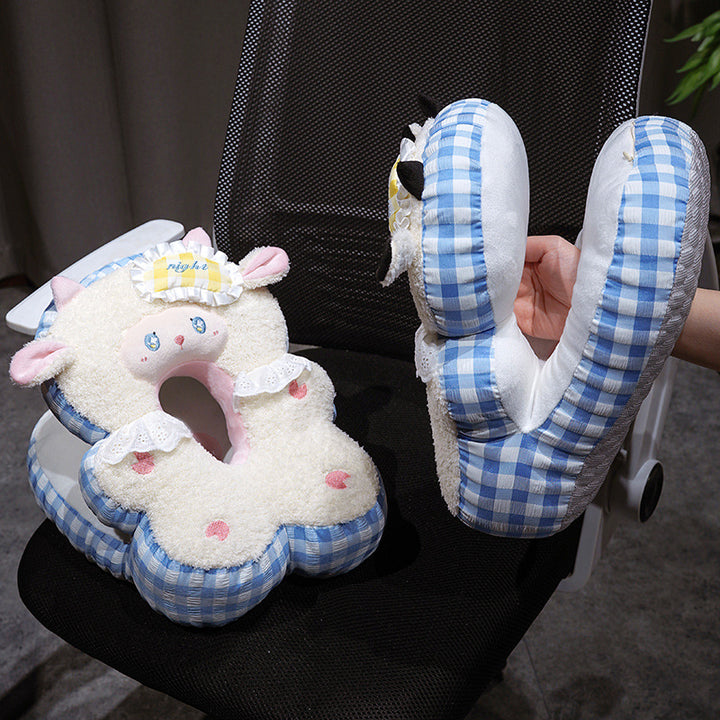 Shaped neck pillow with compact cuddly blanket