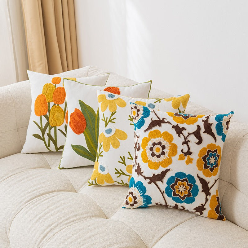 Embroidered Floral Cotton-Linen Square Throw Pillow Cover with Hidden Zipper and Textured Appliqué