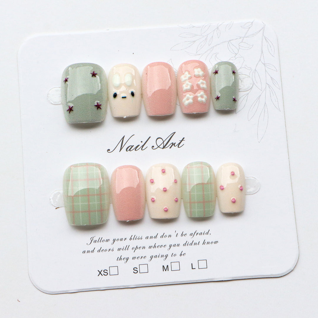 Artistic Press-On Nail Set with Floral and Geometric Designs