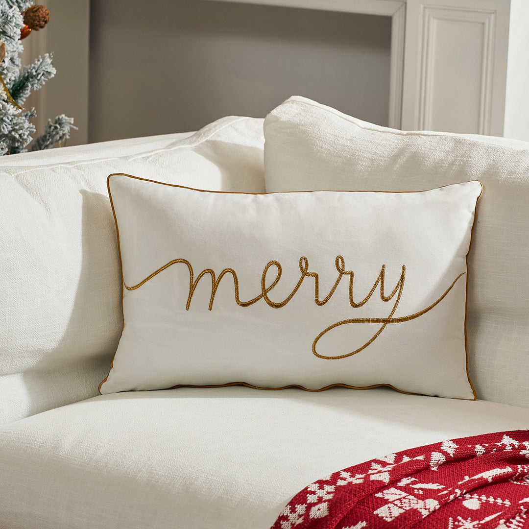 Decorative Holiday Throw Pillow with Gold Script Embroidery