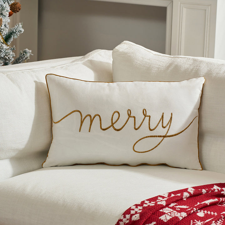 Decorative Holiday Throw Pillow with Gold Script Embroidery