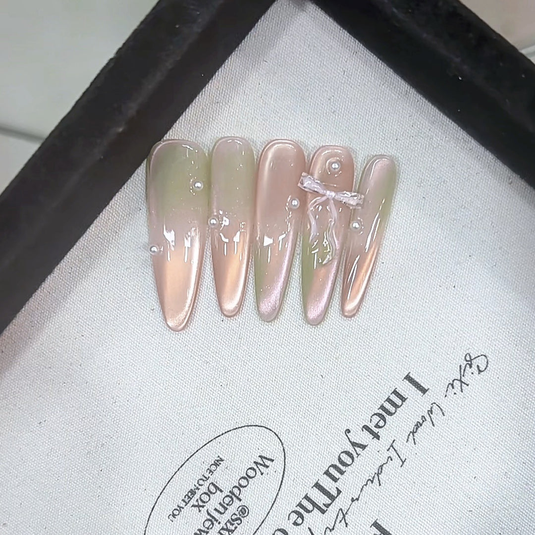 Premium Decorative Press-On Nail Set with Pearls and Bow Kalsten