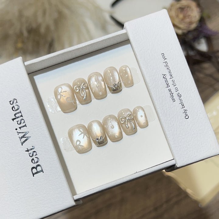 Elegant Bow-Embellished Press-On Nail Art Set Kalsten