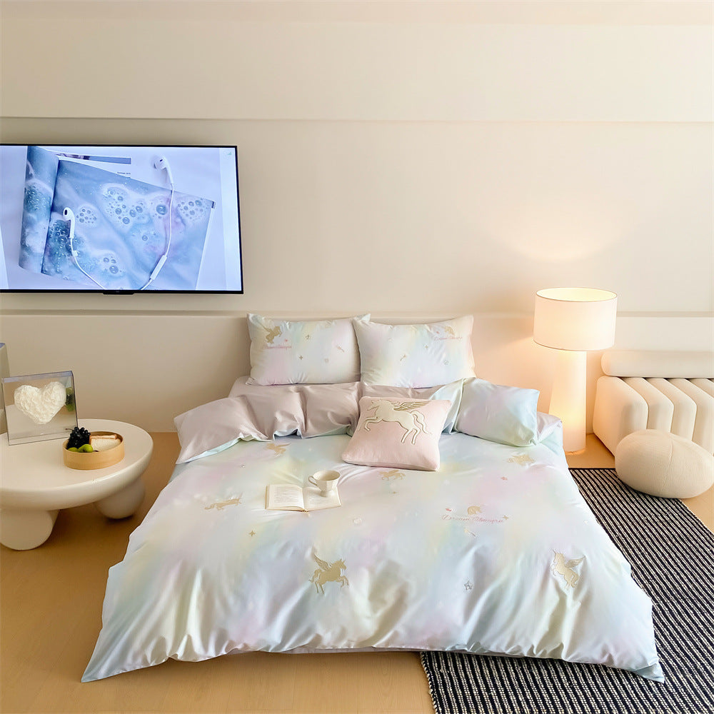 Pastel bedding set with unicorn embroidery and silky soft satin