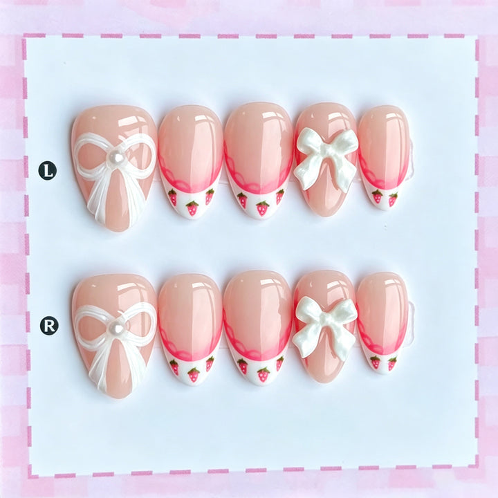 Decorative Bow and Strawberry-Themed Press-On Nail Art Set Kalsten