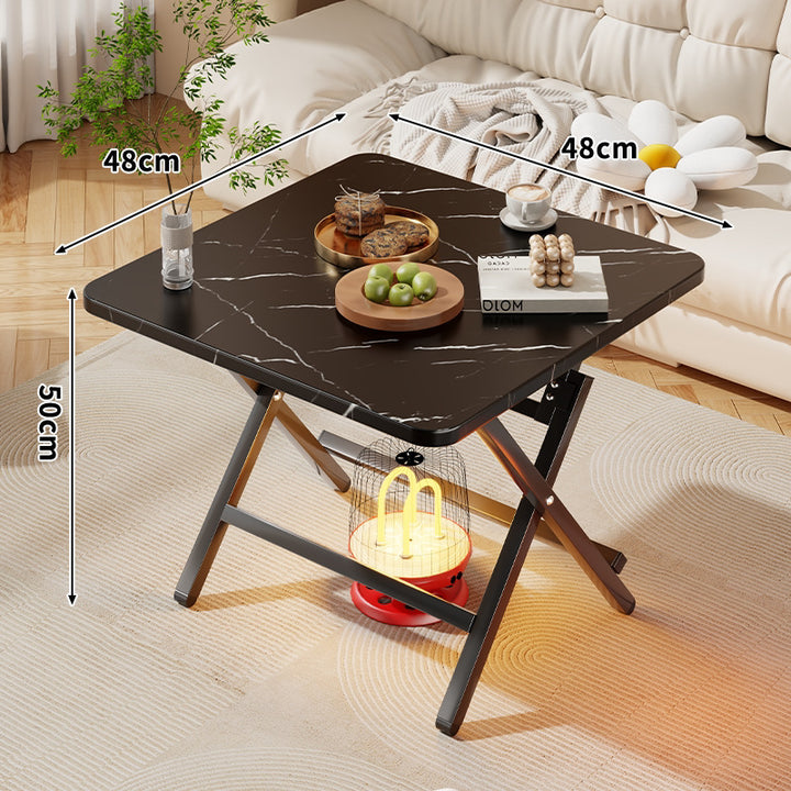 Foldable Square Coffee and Side Table with Marble-Effect Top and Collapsible X-Leg Frame
