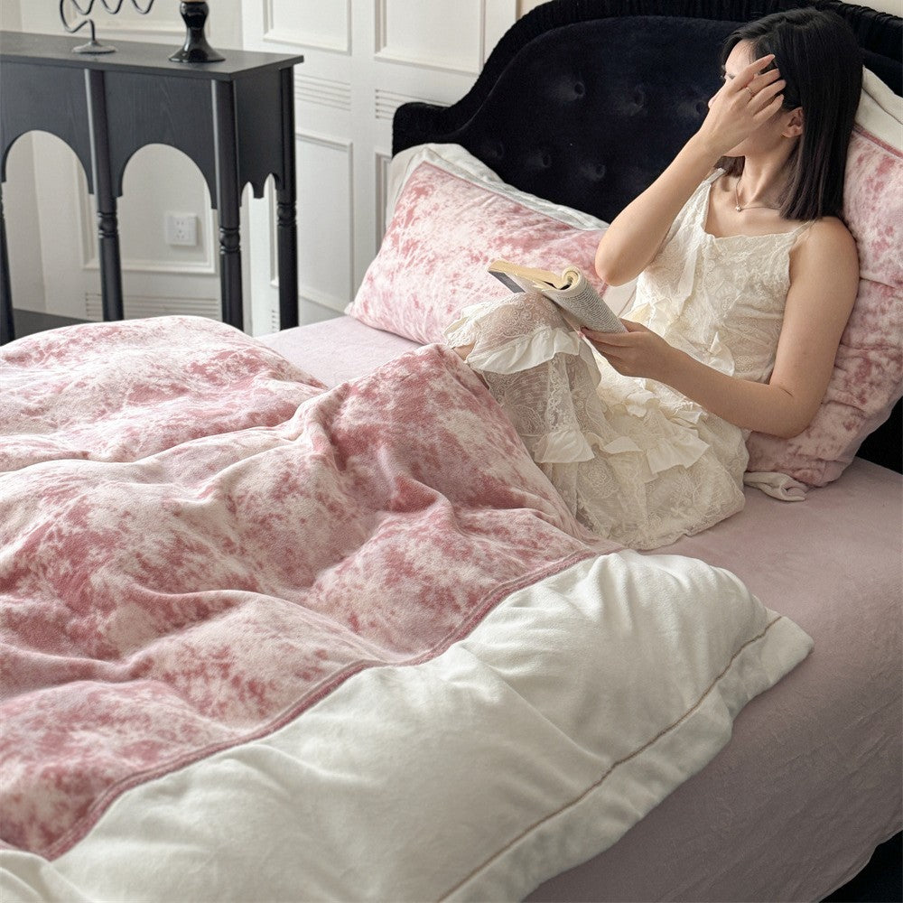 Luxurious velvet bedding set with floral texture and quilted edge