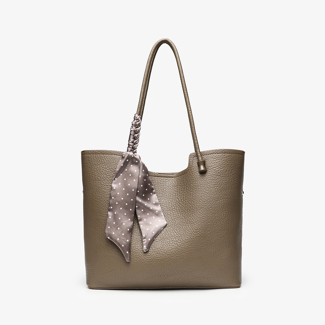 Elegant Leather Tote Bag with Decorative Scarf