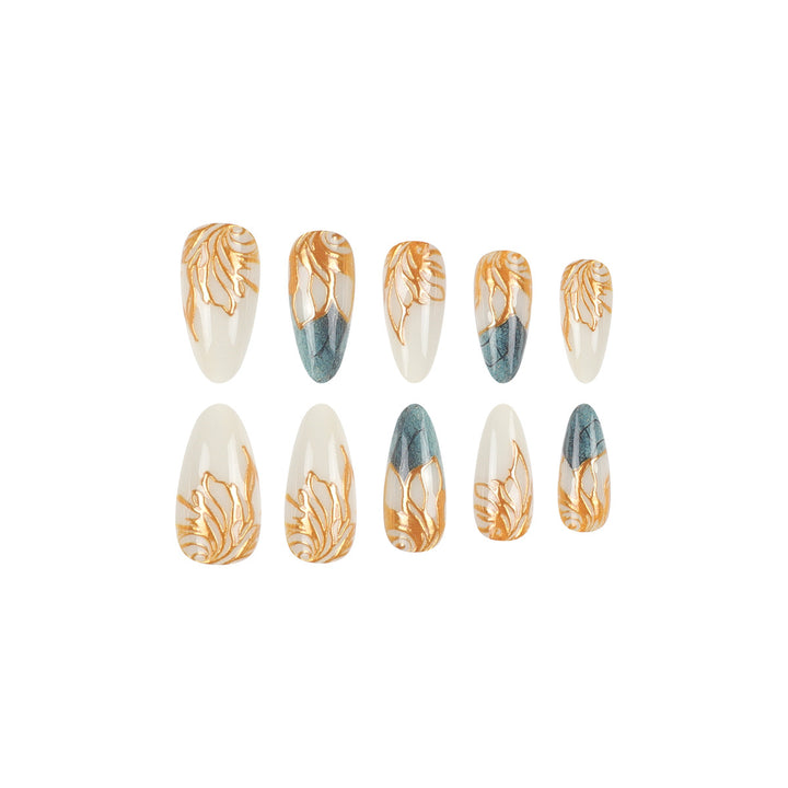 Decorative Long Stiletto Nail Art Extensions with Gold Leaf Design Kalsten