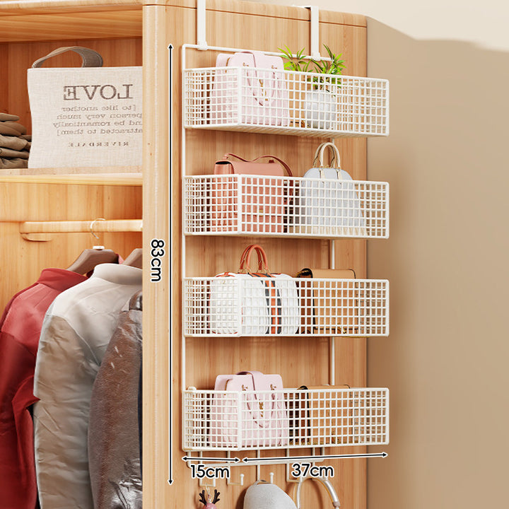 Over-the-Door Metal Grid Hanging Organizer with Four Stackable Baskets and Hooks