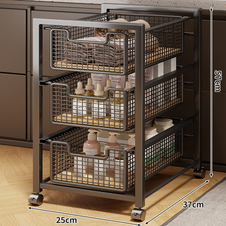 Under-Cabinet Sliding Three-Tier Mesh Basket Organizer with Removable Bins